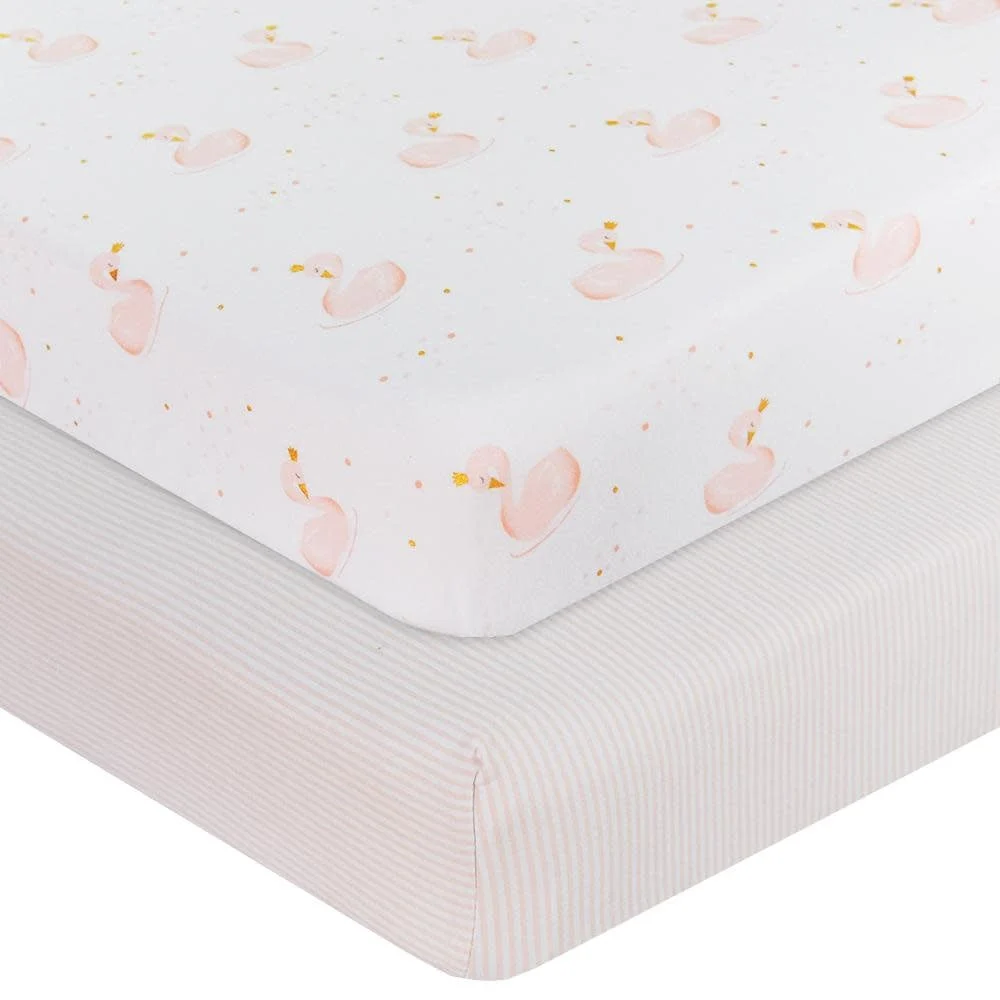 2-PACK JERSEY COT FITTED SHEET SWAN PRINCESS/PINK STRIPE