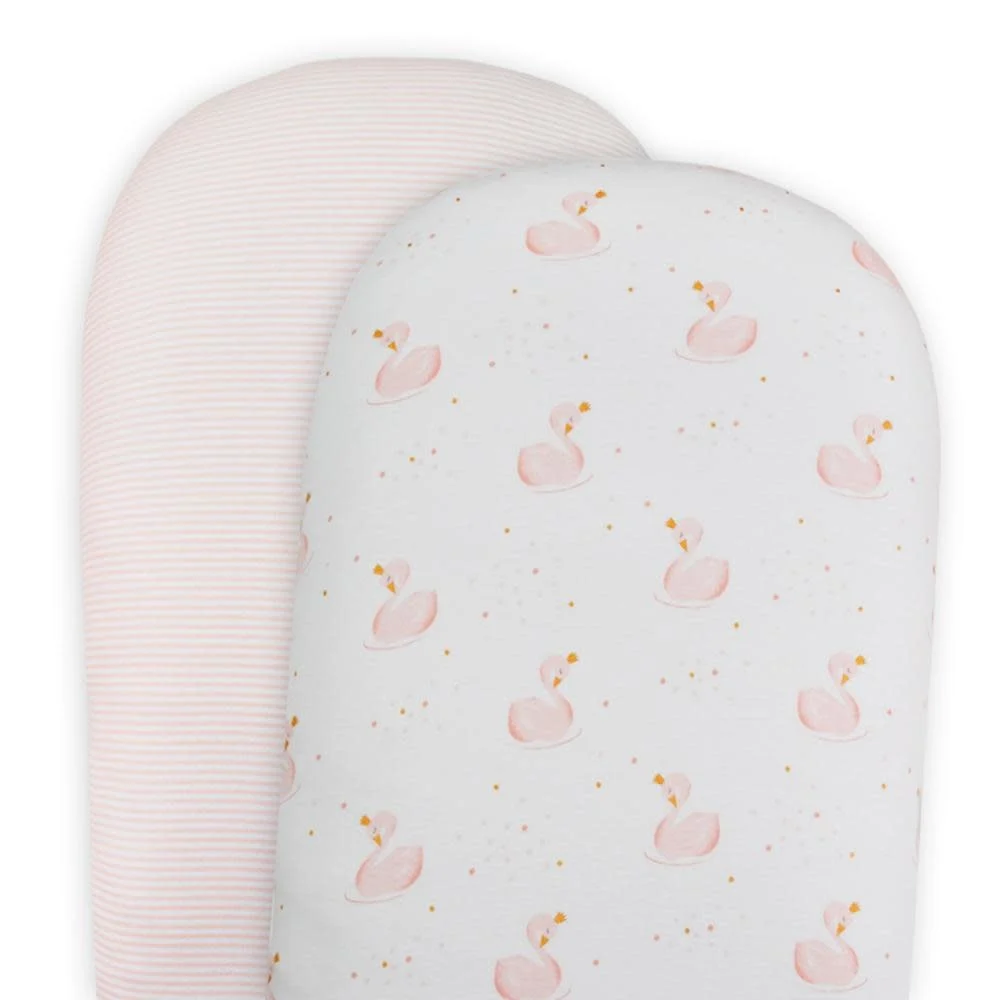 2 Pack Moses/Pram Fitted Sheets - Swan/Pink Stripe