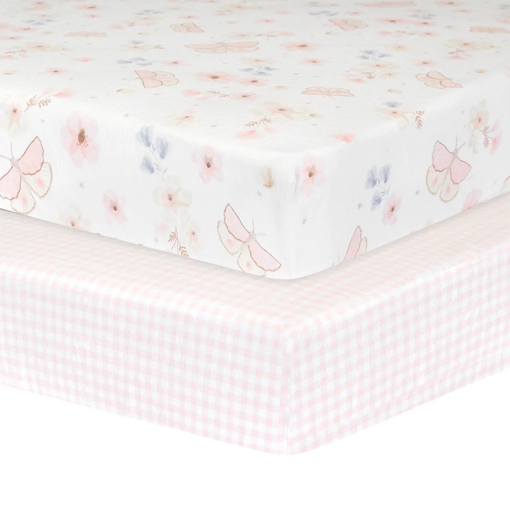 2pk Cot Fitted Sheets-Butterfly/Blush Gingham
