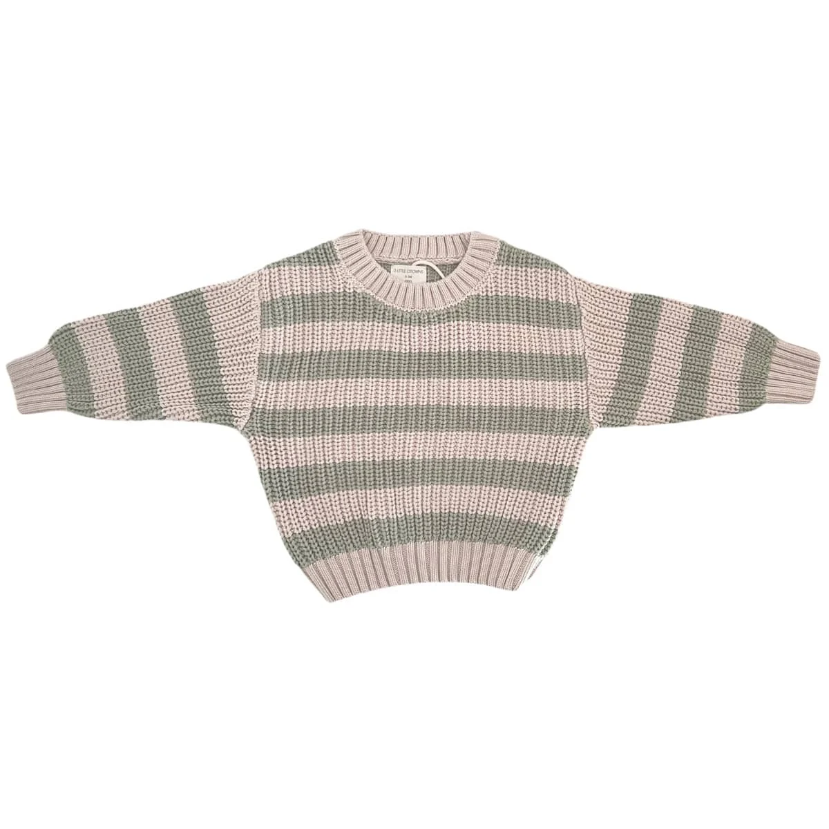 3 Little Crowns Chunky Knit Jumper - Muted Green + Mushroom Stripes