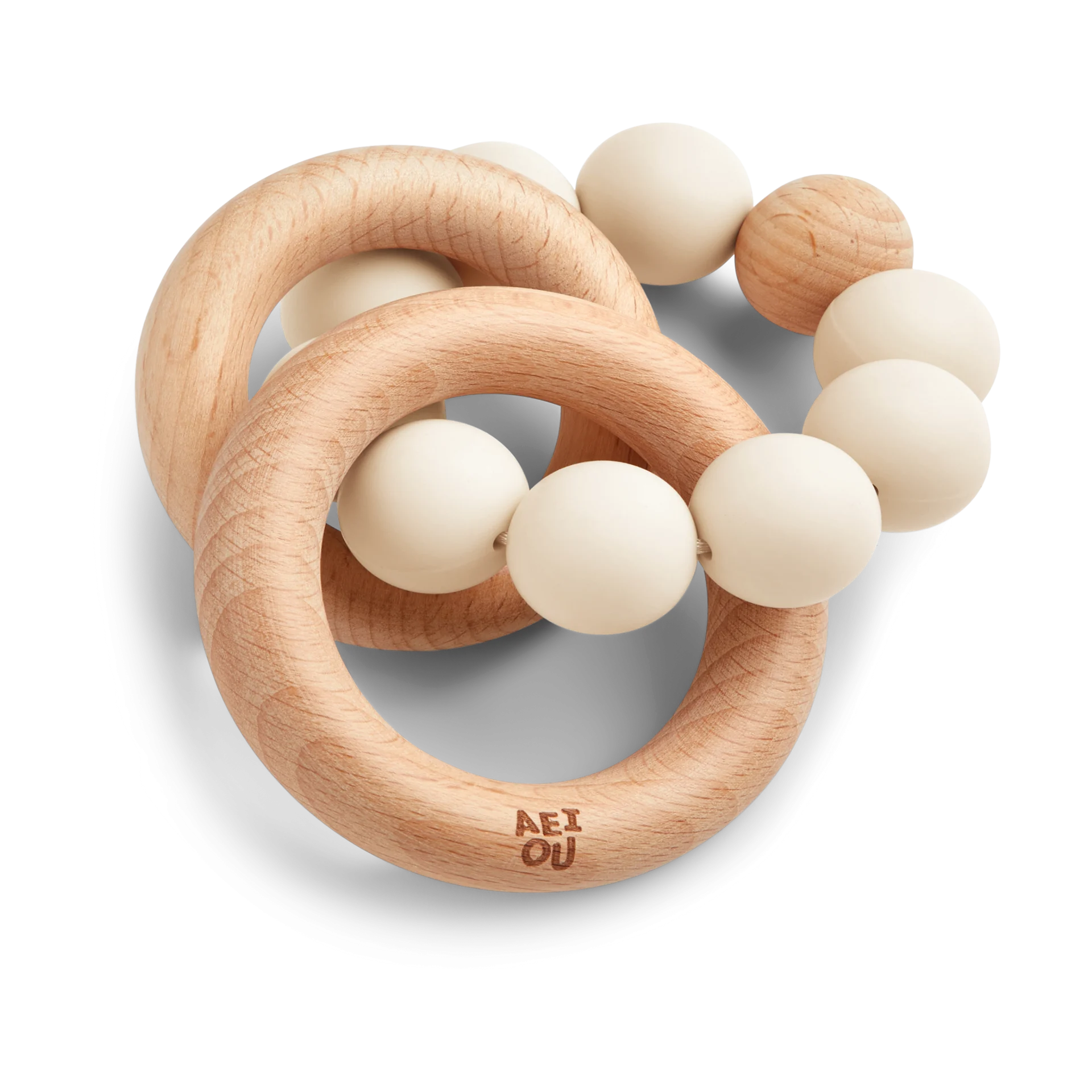 AEIOU Silicone & Wood Multi-Ring Teether - Oat Milk | Babylist Shop