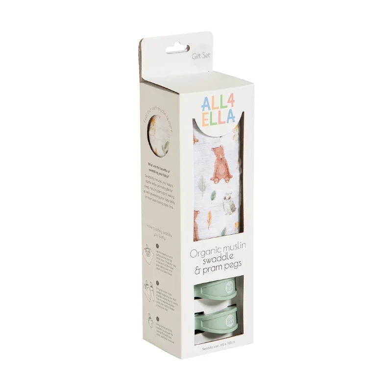 All4Ella Muslin swaddle & 2 pram peg gift set - Forest Friends