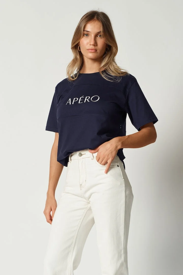 Apero Essential Embroidered Panel Nursing Tee -Navy / White