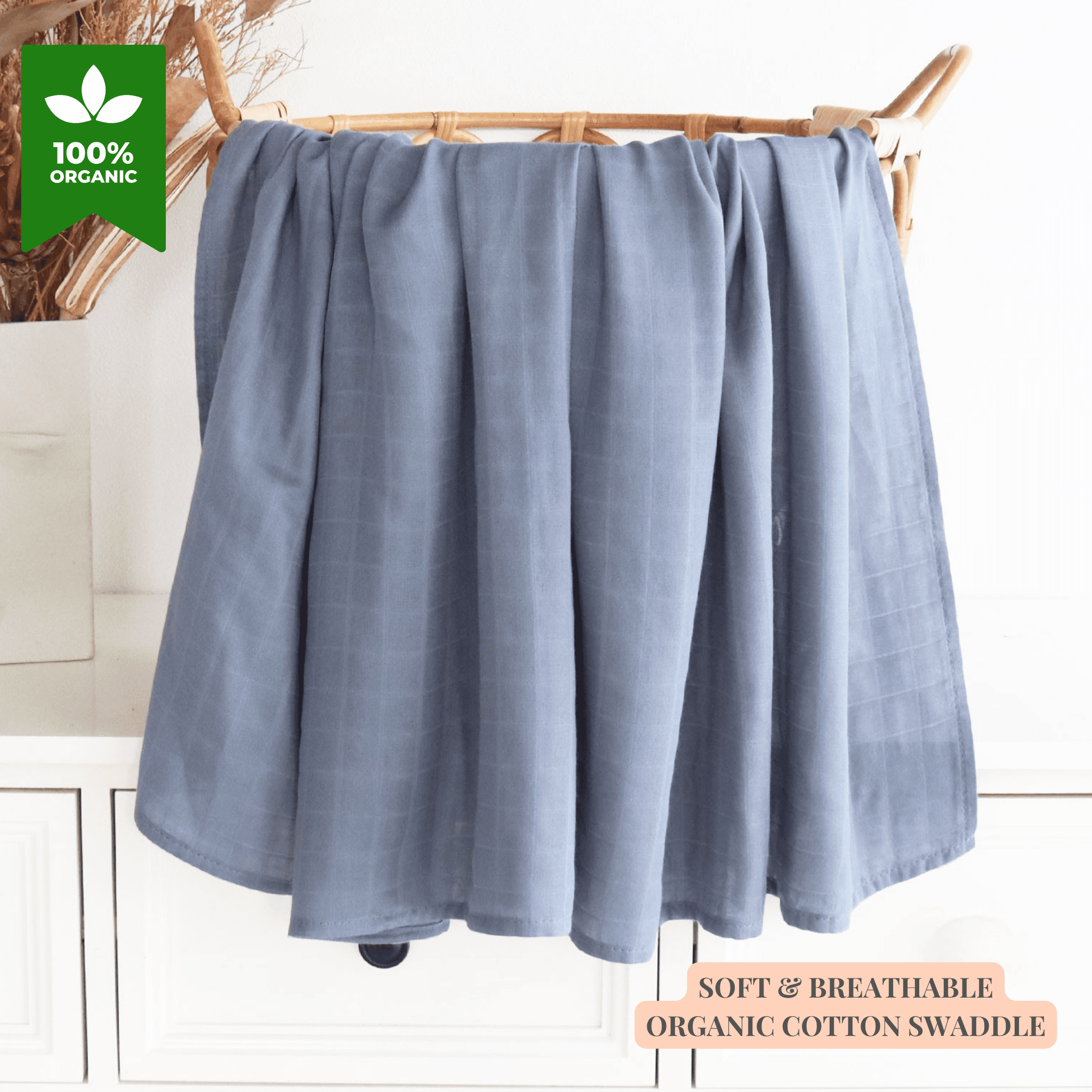 Baby Swaddle - Organic Cotton, Blue 120x120cm
