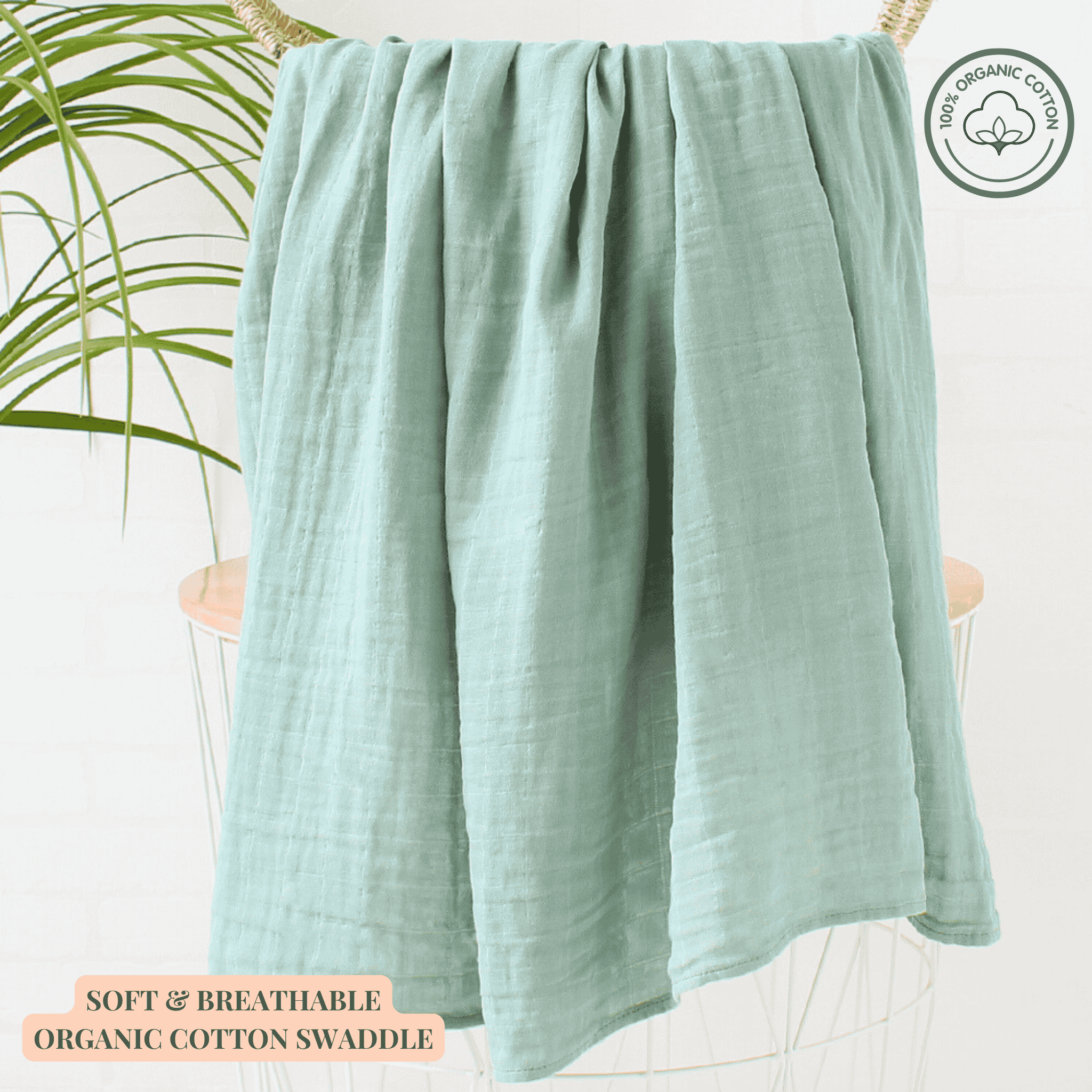 Baby Swaddle - Organic Cotton Green Leaves, 120x120cm