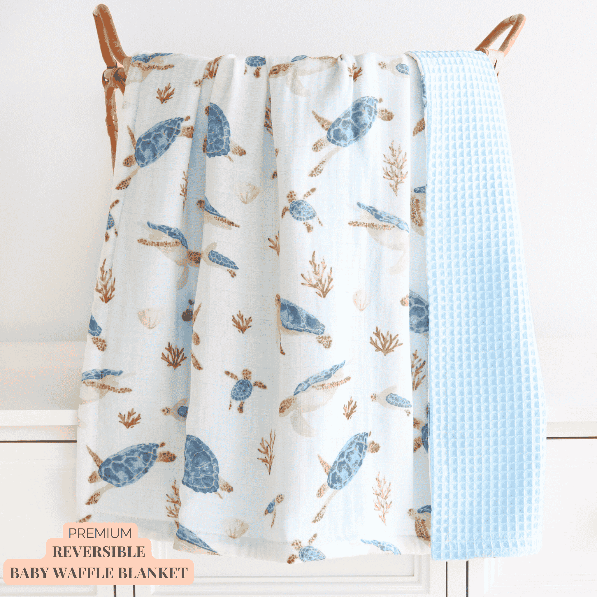 Baby Waffle Blanket, Cotton - Ocean Turtle