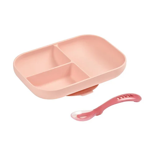 Beaba Silicone Suction Divided Plate & Spoon Set - Pink