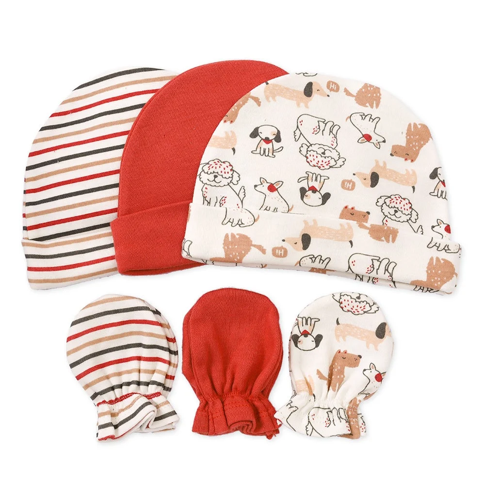 Lullaby Dreams Doggie 3 Beanies & 3 Mittens Set White/rust/brown