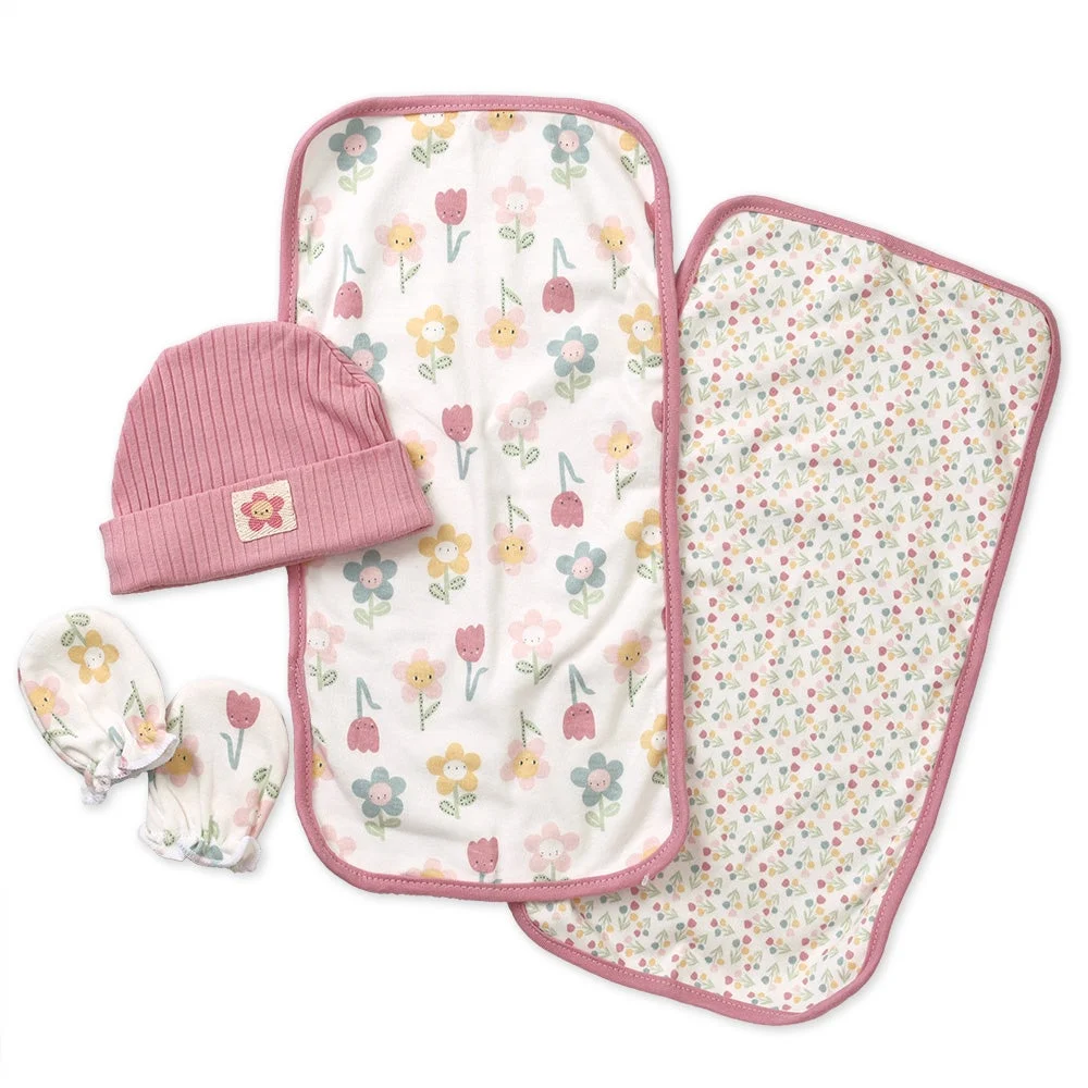 Lullaby Dreams Hat, Mittens, Burp Cloth 4-piece Set Blush Blush
