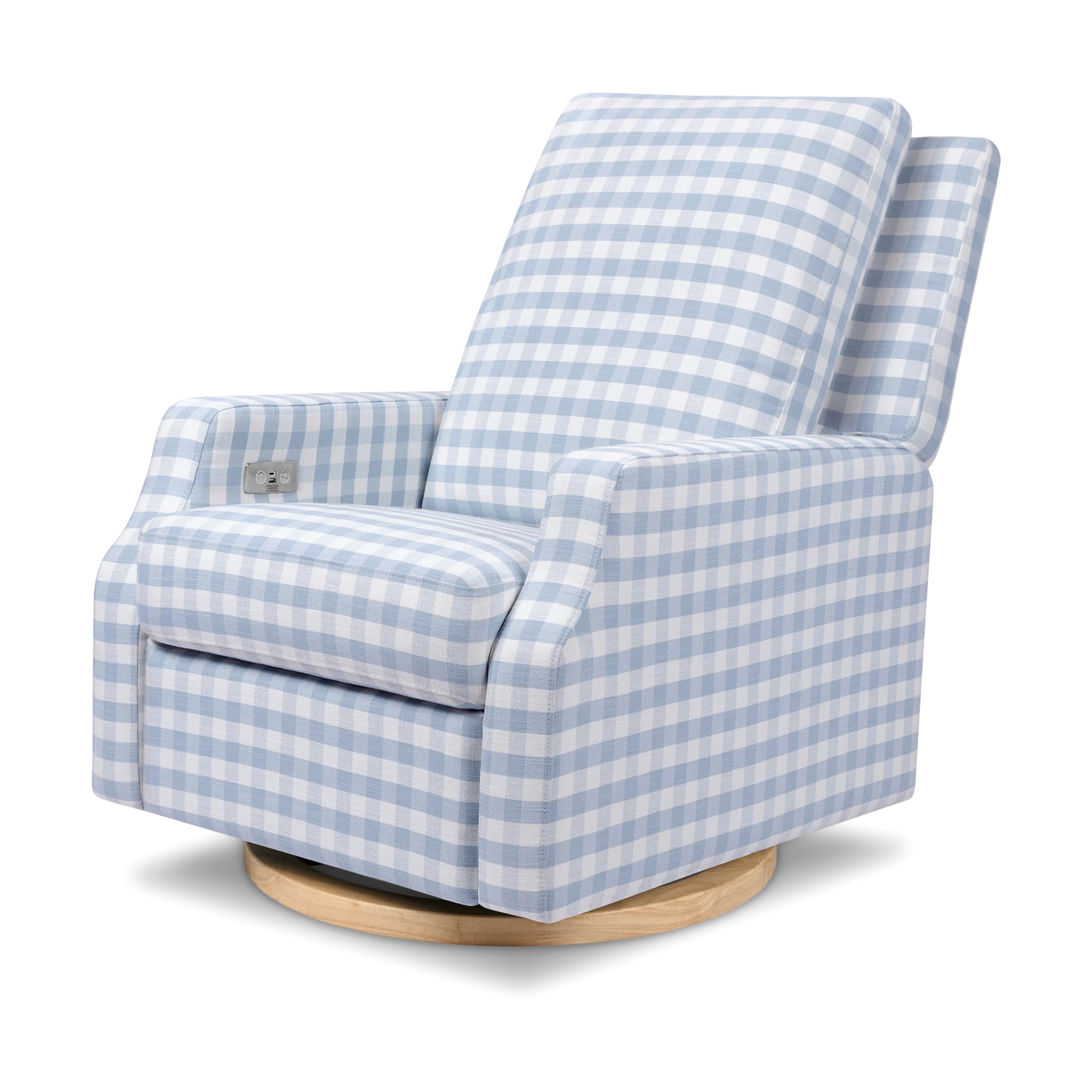 Namesake Crewe Electronic Recliner and Swivel Glider - Blue Gingham With Light Wood Base | Babylist Shop