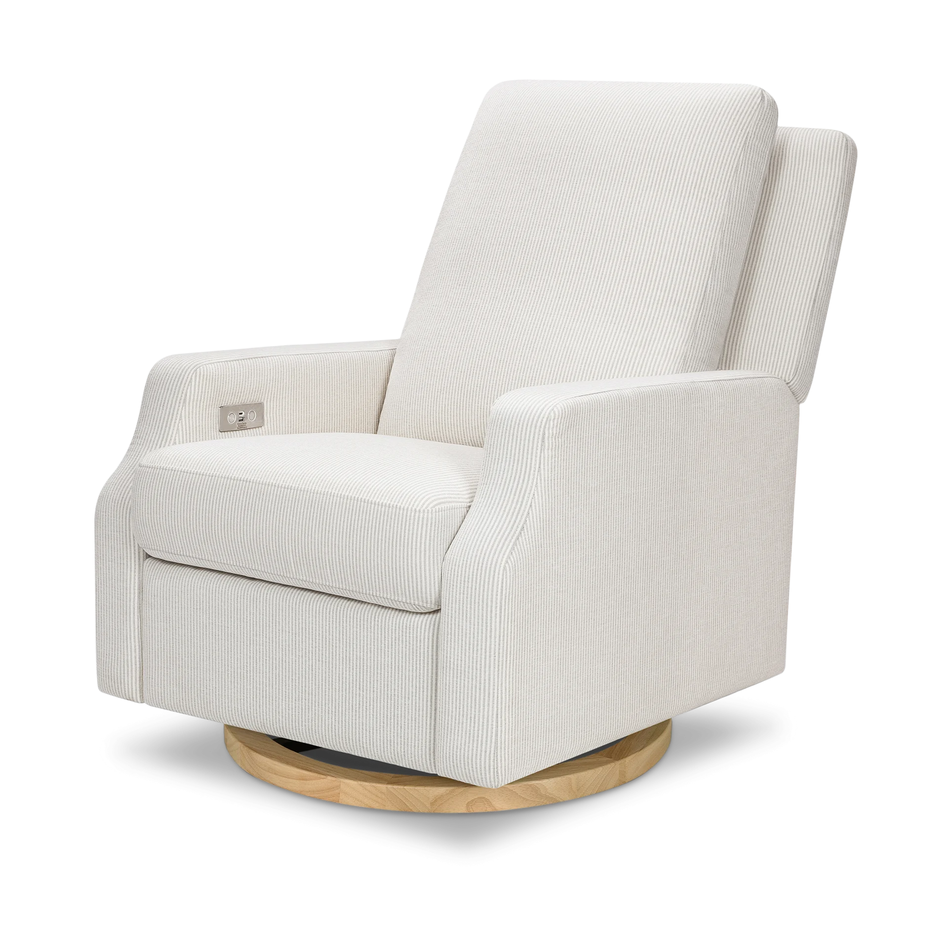 Namesake Crewe Electronic Recliner and Swivel Glider - Fog Chatham Stripe Performance Eco-Weave With Light Wood Base | Babylist Shop