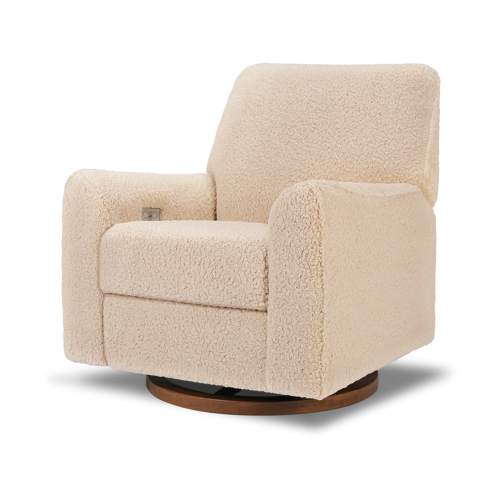 Nursery Works Sunday Power Recliner and Swivel Glider - Chai Shearling With Dark Wood Base | Babylist Shop
