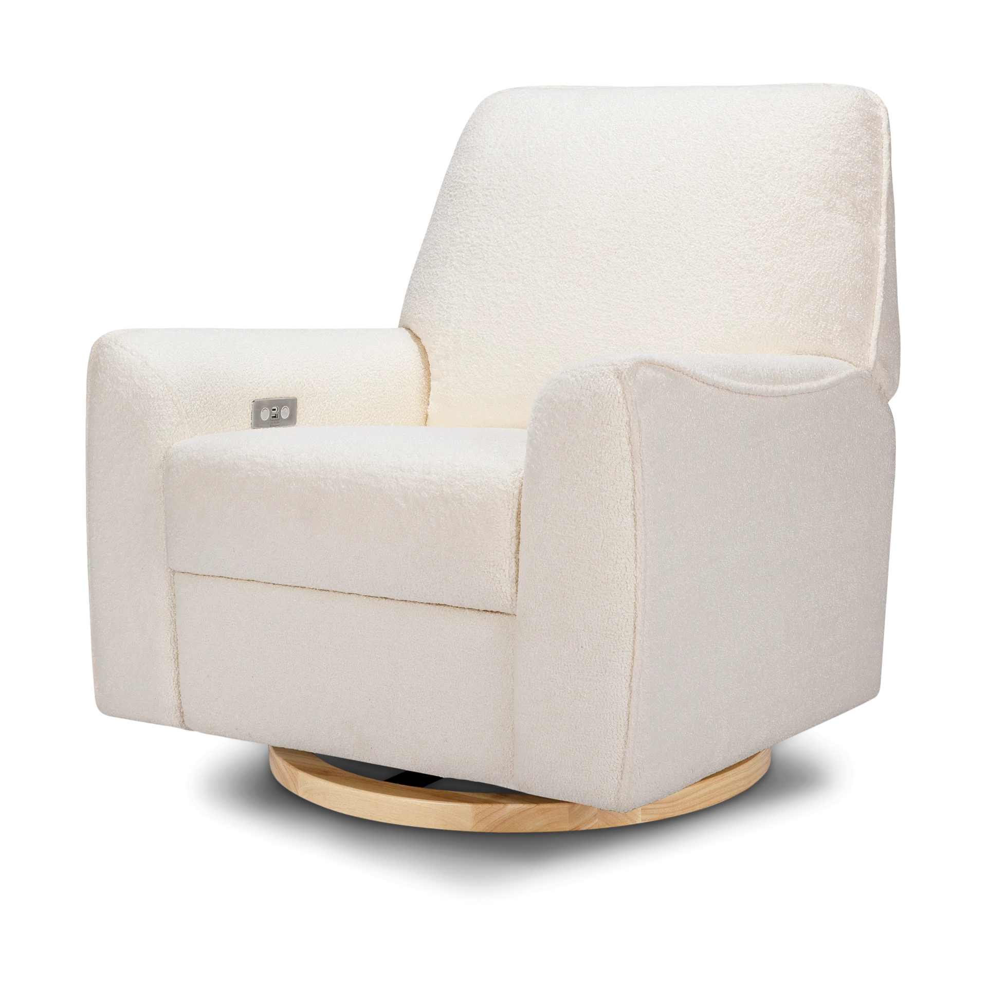 Nursery Works Sunday Power Recliner and Swivel Glider - Chantilly Fleece With Light Wood Base | Babylist Shop